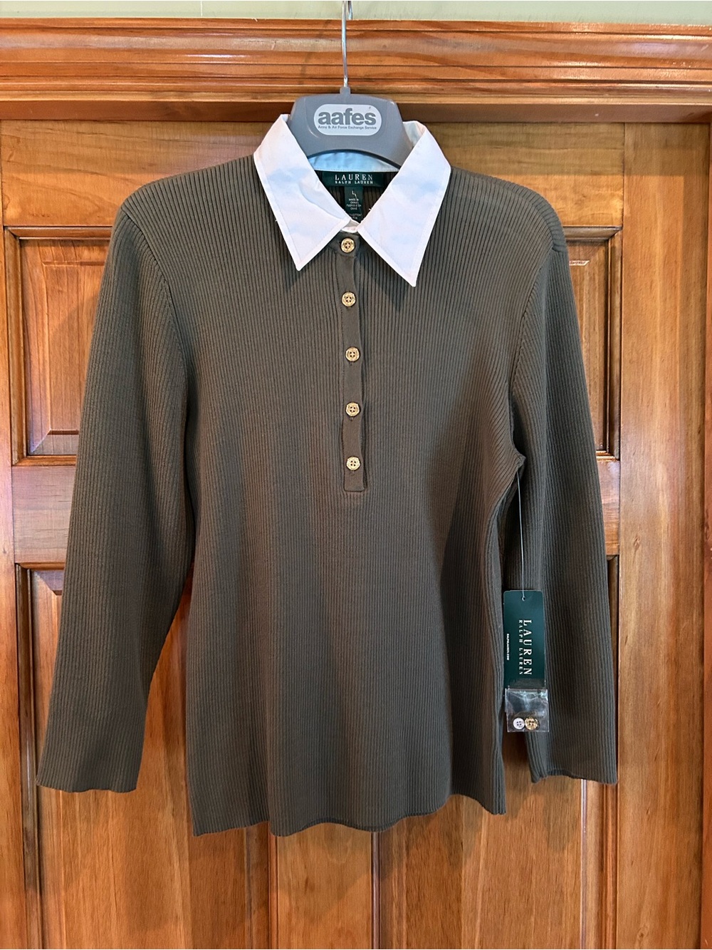 Lauren Ralph Lauren Clark Olive Green Ribbed Polo Sweater with White Collar